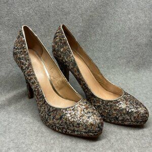 Nine West Glitter 'Rocha' Classic‎ Platform Heels Sparkly Gold Silver Lace 7M